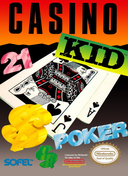 Casino Kid Nintendo Entertainment System NES video game featuring casino gambling gameplay poker blackjack roulette casino table games betting challenges and classic 8 bit Nintendo gameplay retro video game collection collectible gaming appeal front cover art