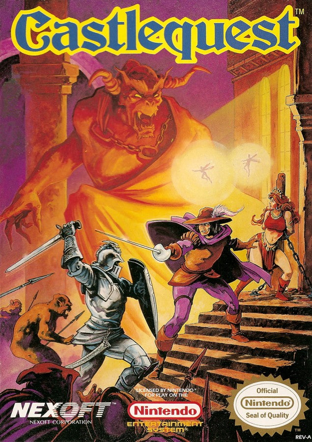 Castlequest Nintendo Entertainment System NES for action puzzle video game fans featuring fantasy castle exploration platforming gameplay challenging puzzles magical enemies hidden secrets retro Nintendo adventure side scrolling action collectible gaming appeal cover art