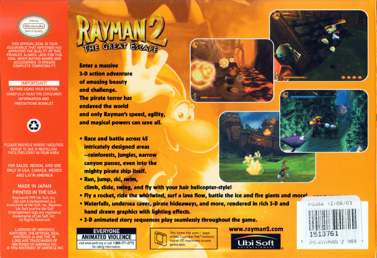 Rayman 2 The Great Escape back cover art for Nintendo 64 (N64) video game