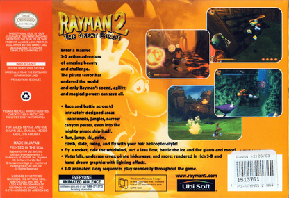 Rayman 2 The Great Escape back cover art for Nintendo 64 (N64) video game