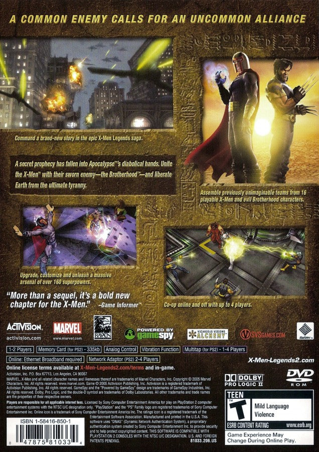 X-Men Legends II: Rise of Apocalypse – PlayStation 2 (PS2) video game back of case, action RPG.