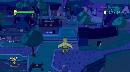 The Simpsons Game gameplay for Nintendo Wii (Wii) featuring comedic action‑adventure gameplay with Homer, Bart, Lisa, and Marge, parodying popular video games in Springfield