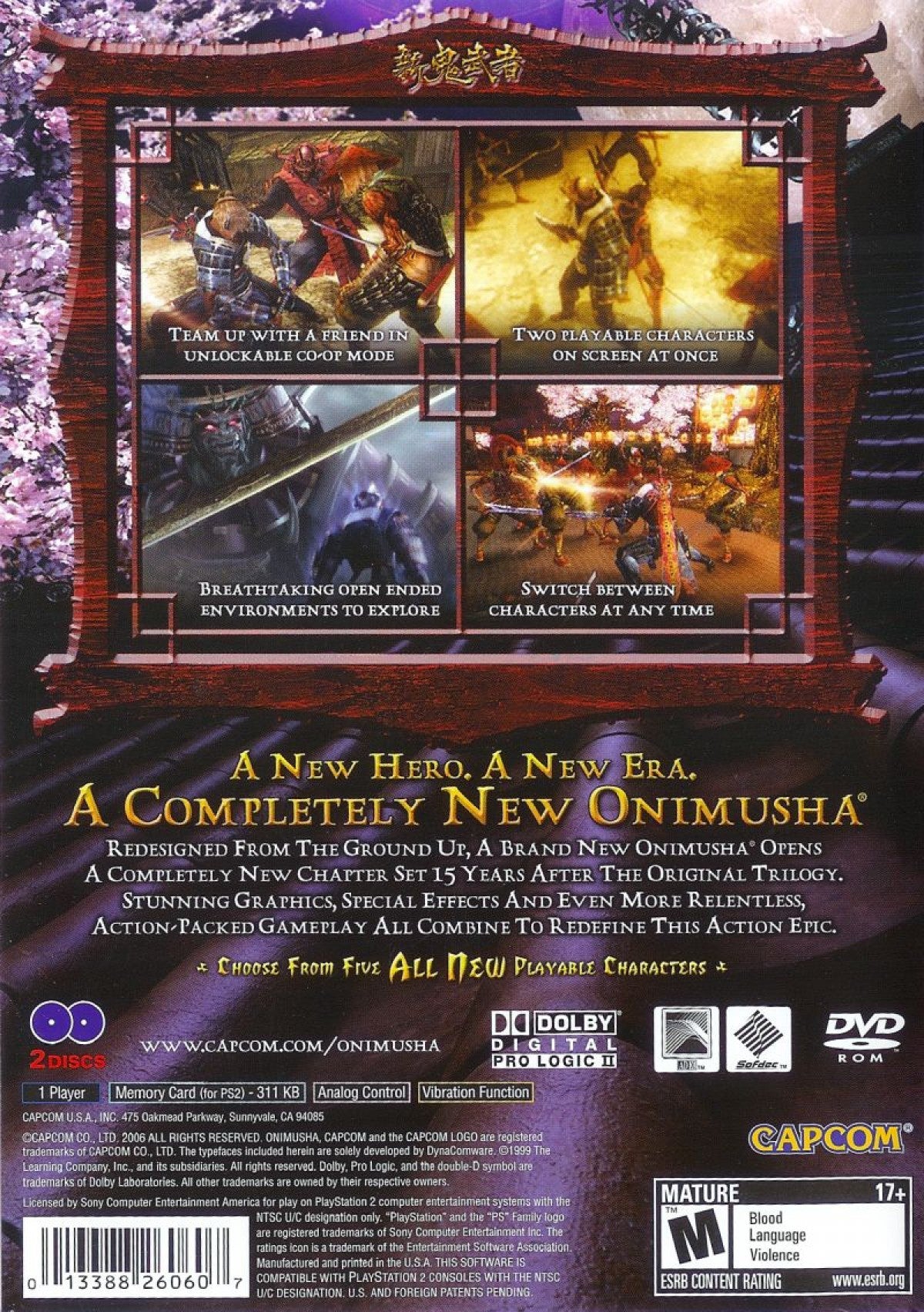 Onimusha: Dawn of Dreams for the PlayStation 2 featuring action adventure gameplay with samurai combat demon slaying abilities cinematic storytelling and feudal Japan inspired environments back cover art