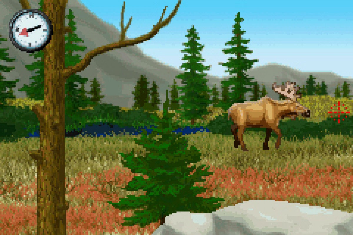 Cabela’s Big Game Hunter for Game Boy Advance, gameplay for a hunting simulation video game with outdoor environments, animal tracking gameplay, mission-based challenges, and realistic hunting mechanics 