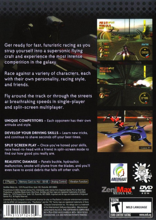 Power Drome – PlayStation 2 (PS2) video game back of case, futuristic racing simulation game.