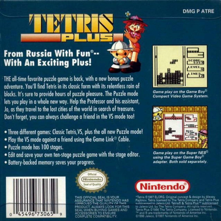 Tetris Plus back cover art for Game Boy (GB) video game 