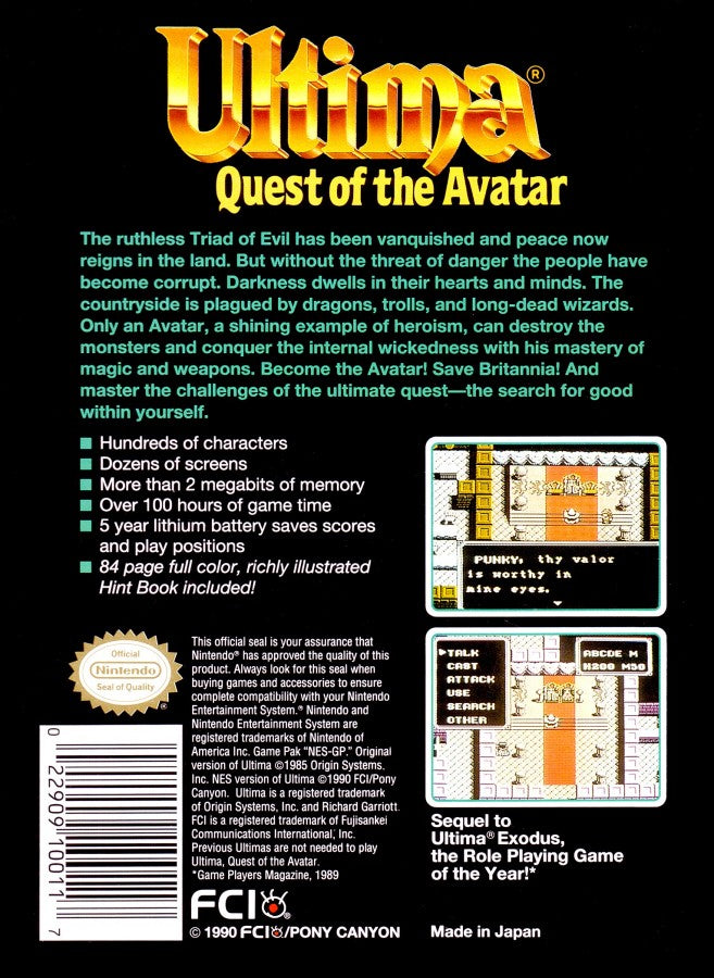 Ultima Quest of the Avatar retro NES video game Ultima fantasy role playing adventure exploration turn based combat classic RPG dungeon crawler console title Nintendo Entertainment System release back of case