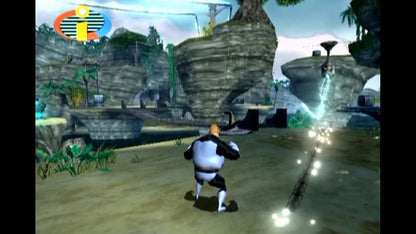 Disney Pixar The Incredibles Xbox action-adventure video game based on the animated film superhero family Mr Incredible Elastigirl Dash Violet Frozone crime fighting levels Syndrome omnidroid villain cooperative gameplay THQ Pixar license cel-shaded graphics super powers puzzle platforming gameplay screenshot