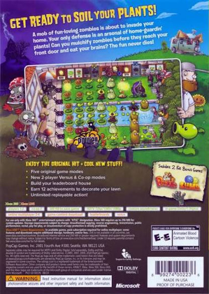 Plants vs Zombies Platinum Hits Xbox 360 for retro video game enthusiasts featuring tower defense gameplay strategic plant placement wave based zombie combat resource management colorful cartoon visuals and collectible gaming appeal back cover 