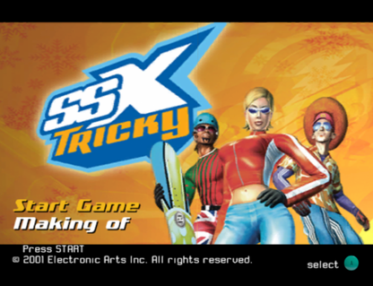 SSX Tricky GameCube game featuring fast-paced arcade snowboarding gameplay and over-the-top trick action main menu