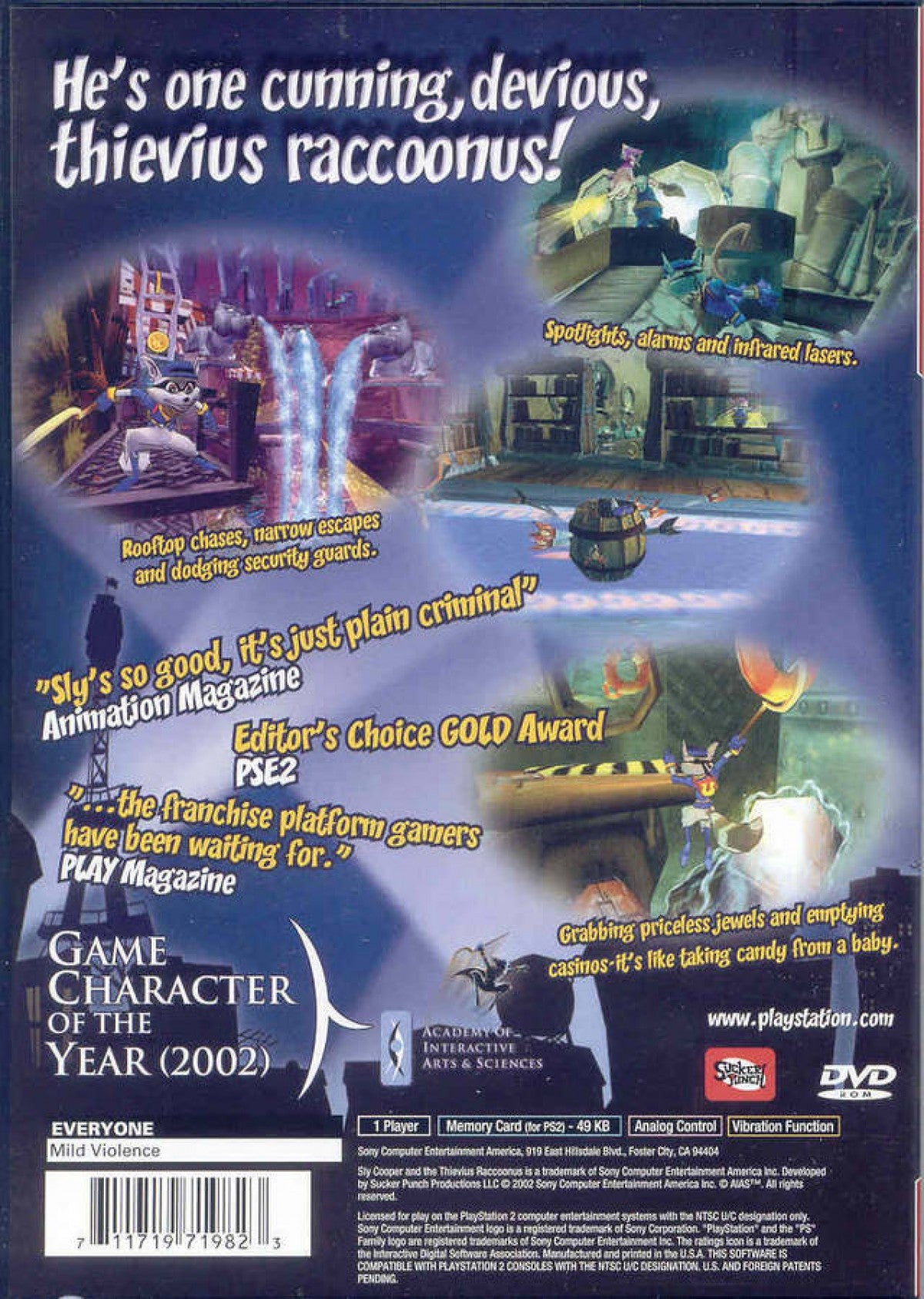 Sly Cooper and the Thievius Raccoonus [Greatest Hits] for PlayStation 2 (PS2) featuring a stylish stealth platforming adventure where master thief Sly and the Cooper Gang pull off heists across the globe; sneak fight and platform through episodic missions with a classic cartoon look in this Greatest Hits edition back cover