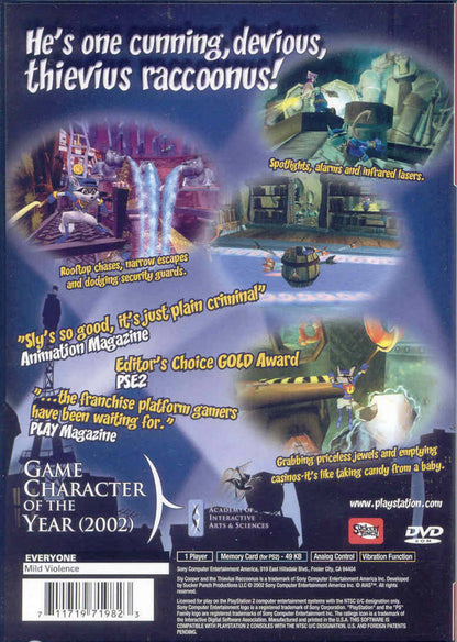 Sly Cooper and the Thievius Raccoonus [Greatest Hits] for PlayStation 2 (PS2) featuring a stylish stealth platforming adventure where master thief Sly and the Cooper Gang pull off heists across the globe; sneak fight and platform through episodic missions with a classic cartoon look in this Greatest Hits edition back cover