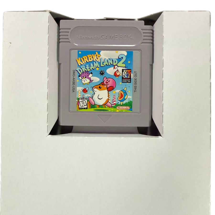 Kirby's Dream Land Game Boy GB for platforming video game fans featuring Kirby's classic adventure colorful levels power ups enemy abilities challenging boss battles side scrolling gameplay charming characters and classic Nintendo handheld gaming collectible retro Game Boy appeal front cartridge in insert
