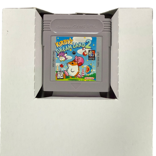 Kirby's Dream Land Game Boy GB for platforming video game fans featuring Kirby's classic adventure colorful levels power ups enemy abilities challenging boss battles side scrolling gameplay charming characters and classic Nintendo handheld gaming collectible retro Game Boy appeal front cartridge in insert