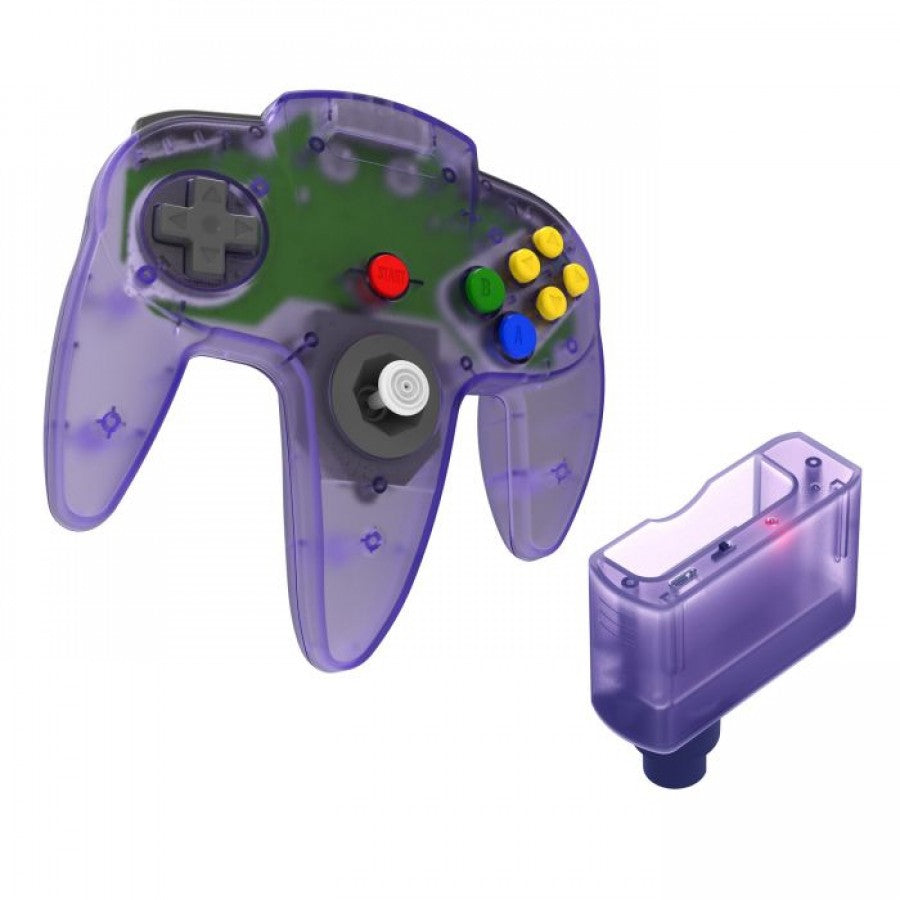 N64 Wireless 2.4GHz Controller for Nintendo 64 N64 Atomic Purple accessory featuring wireless 2.4GHz connectivity classic three prong controller design analog stick directional pad responsive buttons ergonomic grip translucent purple styling and compatibility with supported Nintendo 64 games replacement gaming controller and retro gaming accessory appeal