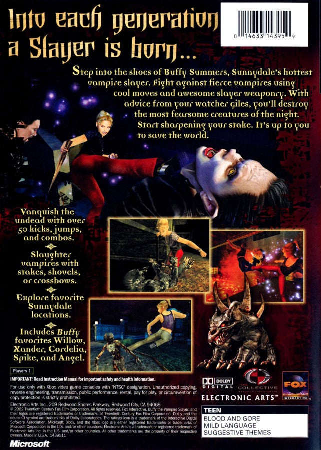 Buffy the Vampire Slayer retro Xbox video game Buffy supernatural action horror combat vampire hunting third person fighting dark fantasy adventure console title Xbox release back of case