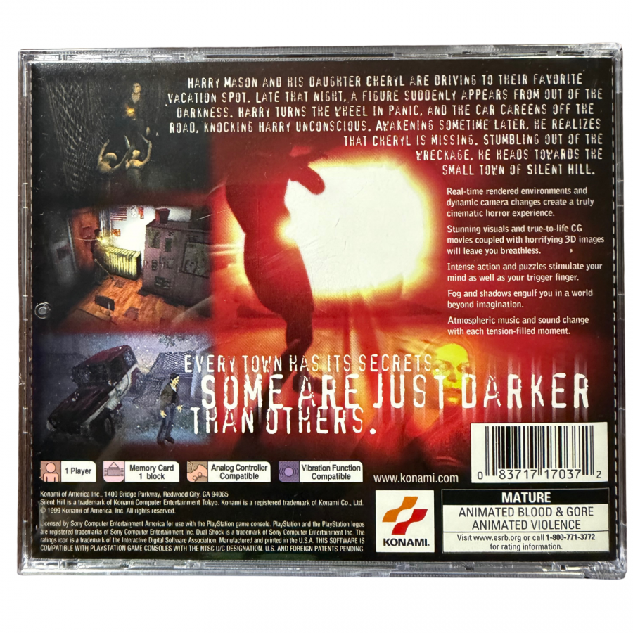 Silent Hill PlayStation PS1 for survival horror video game fans featuring psychological horror eerie fog filled environments exploration puzzle solving terrifying creatures atmospheric sound design mysterious storytelling and intense suspenseful gameplay collectible retro PlayStation gaming appeal back cover art