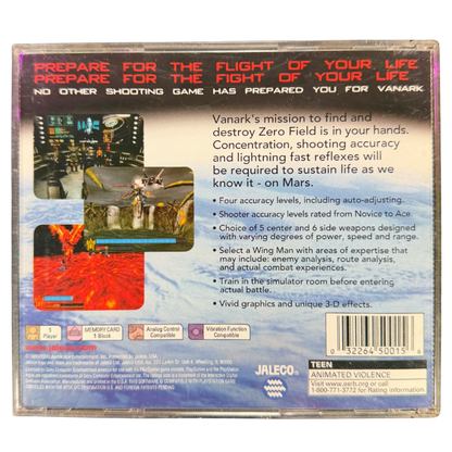 Vanark PlayStation PS1 for action shooter video game fans featuring futuristic space combat third person shooting gameplay alien enemies explosive battles sci fi environments challenging missions cinematic action and classic PlayStation gameplay collectible gaming appeal back cover art