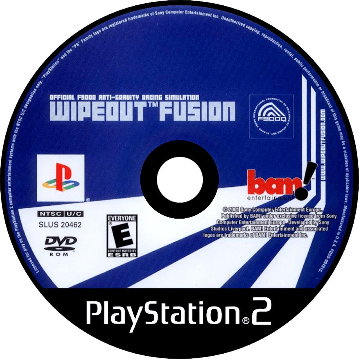 Wipeout Fusion PS2 Sony PlayStation 2 futuristic racing game anti gravity racing hovercraft high speed tracks electronic soundtrack combat racing weapons Psygnosis Studio Liverpool arcade racing PlayStation 2 software video game title disc
