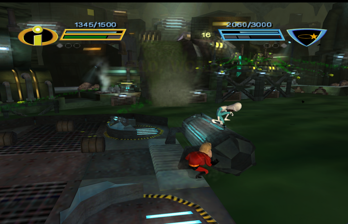 Gameplay for The Incredibles Rise of the Underminer GameCube GC video game, action adventure, Pixar movie tie-in, co-op gameplay, family-friendly, Nintendo GameCube title