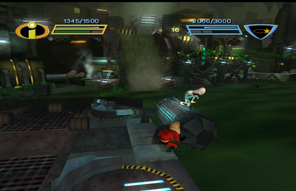 Gameplay for The Incredibles Rise of the Underminer GameCube GC video game, action adventure, Pixar movie tie-in, co-op gameplay, family-friendly, Nintendo GameCube title
