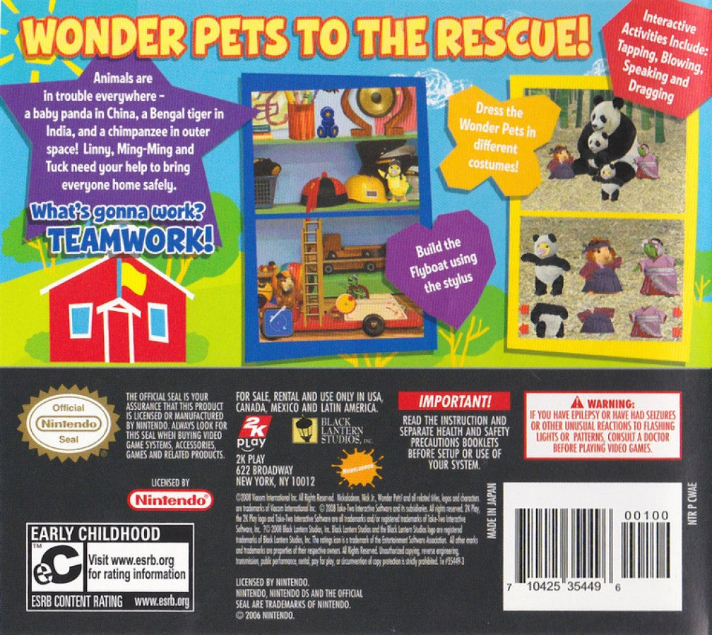 The Wonder Pets Save the Animals retro Nintendo DS video game Wonder Pets educational adventure animal rescue mini games kids gameplay family friendly handheld console title Nintendo DS release back of case
