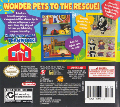 The Wonder Pets Save the Animals retro Nintendo DS video game Wonder Pets educational adventure animal rescue mini games kids gameplay family friendly handheld console title Nintendo DS release back of case