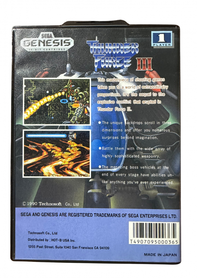 Thunder Force III Sega Genesis video game cartridge classic 16 bit shoot em up action game for retro gaming collectors Sega fans vintage video game enthusiasts Genesis game collection and classic gaming fans back cover art