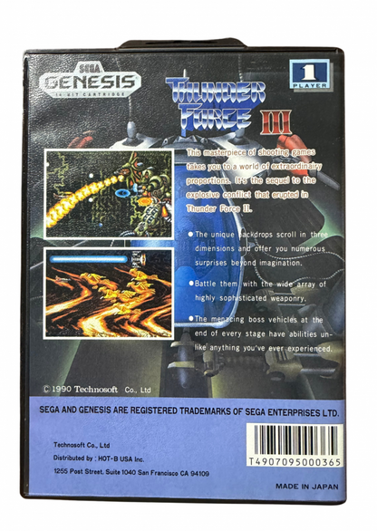 Thunder Force III Sega Genesis video game cartridge classic 16 bit shoot em up action game for retro gaming collectors Sega fans vintage video game enthusiasts Genesis game collection and classic gaming fans back cover art