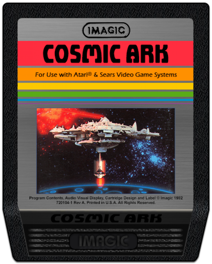 Cosmic Ark retro Atari 2600 video game featuring space shooter gameplay, alien combat missions, sci fi arcade action and classic Atari entertainment - cartridge