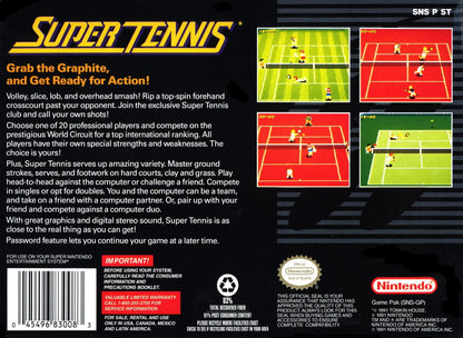 Super Tennis – Super Nintendo Entertainment System (SNES) back of box for retro tennis video game