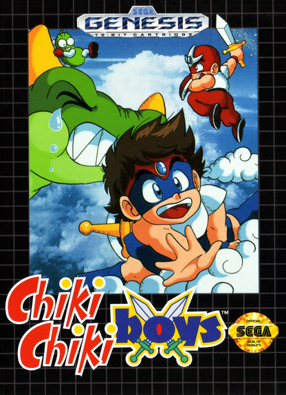 Chiki Chiki Boys Sega Genesis GEN for retro video game enthusiasts featuring side scrolling action platforming gameplay fantasy adventure cooperative multiplayer colorful levels magical abilities challenging enemies classic arcade action and collectible gaming appeal front cover