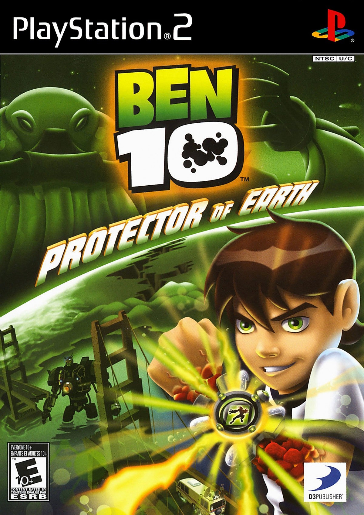 Ben 10: Protector of Earth for PlayStation 2 (PS2) featuring an action beat em up adventure where you transform into iconic aliens to fight enemies solve light puzzles and battle bosses; follow the animated series vibe with combo combat and co op friendly gameplay on PS2 front cover