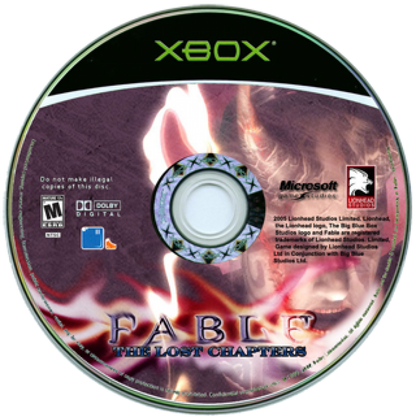 Xbox game disc for 'Fable: The Lost Chapters' with branding and graphics.