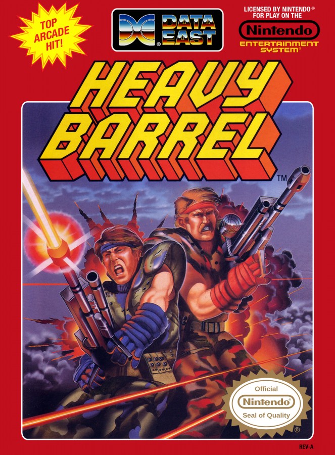 Heavy Barrel Complete in Box CIB Nintendo Entertainment System NES for retro video game enthusiasts featuring top down action shooter gameplay military combat missions powerful weapon upgrades cooperative arcade style action challenging enemy forces complete in box collectible gaming appeal front cover