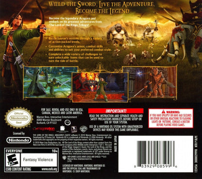 Lord of the Rings: Aragorn's Quest back of case for Nintendo DS (DS) fantasy action adventure video game