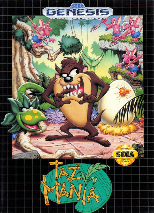 Taz-Mania Sega Genesis GEN video game featuring Taz platforming adventure gameplay Looney Tunes character action colorful environments enemy encounters obstacle courses power ups and classic 16 bit Sega gameplay retro video game collection collectible gaming appeal front cover art