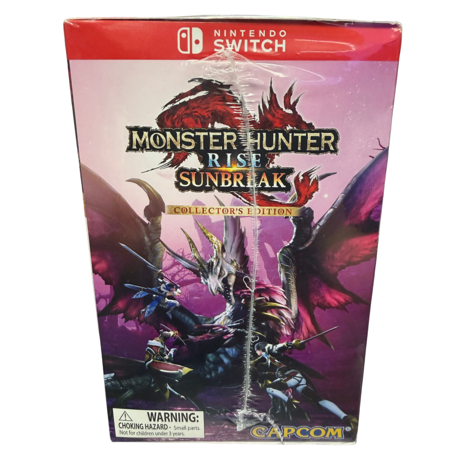Monster Hunter Rise Sunbreak Collector's Edition Nintendo Switch NS factory sealed video game bundle featuring intense monster hunting action expansive fantasy environments challenging hunts weapon and armor customization cooperative multiplayer gameplay exclusive collector's edition contents and included Monster Hunter Amiibo figures collectible Nintendo gaming appeal