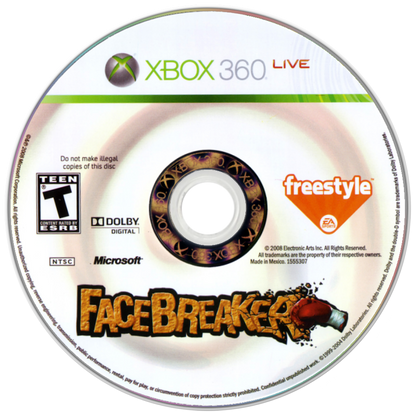 FaceBreaker Xbox 360 for sports fighting video game fans featuring over the top arcade boxing gameplay colorful cartoon style characters powerful knockout punches fast paced multiplayer matches unique special moves humorous action and competitive brawling collectible gaming appeal game disc