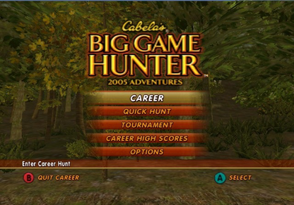 Cabela’s Big Game Hunter 2005 Adventures GameCube game featuring realistic hunting simulation gameplay and outdoor adventure action main menu