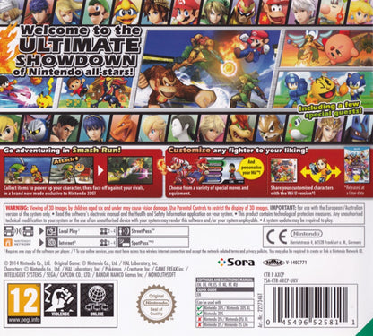 Super Smash Bros. for Nintendo 3DS [PAL Import] back of case for Nintendo 3DS (3DS) fighting video game