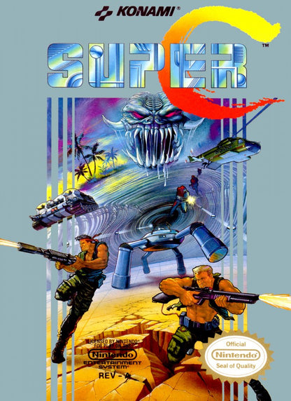 Super C cartridge for the Nintendo Entertainment System featuring fast paced 8 bit run and gun action with intense shooting gameplay as commandos battle alien forces across side scrolling and overhead stages cover art