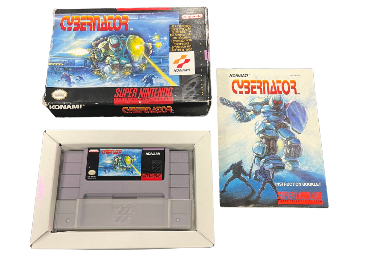 Cybernator Super Nintendo Entertainment System SNES for retro video game enthusiasts featuring side scrolling mech action gameplay futuristic combat powerful weapons challenging enemy forces explosive battles classic 16 bit action and collectible gaming appeal front cover art