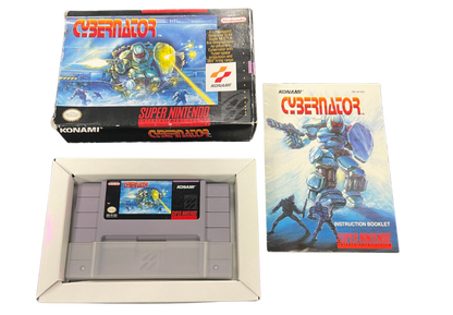 Cybernator Super Nintendo Entertainment System SNES for retro video game enthusiasts featuring side scrolling mech action gameplay futuristic combat powerful weapons challenging enemy forces explosive battles classic 16 bit action and collectible gaming appeal front cover art