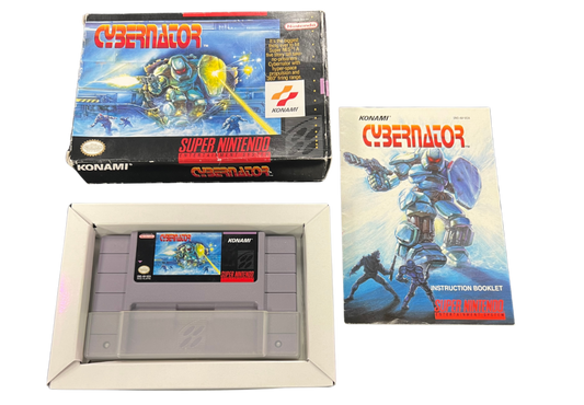 Cybernator Super Nintendo Entertainment System SNES for retro video game enthusiasts featuring side scrolling mech action gameplay futuristic combat powerful weapons challenging enemy forces explosive battles classic 16 bit action and collectible gaming appeal front cover art