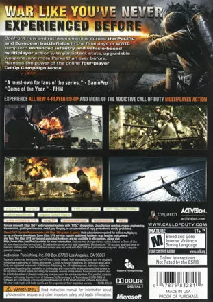 Call of Duty: World at War back of case for Xbox 360 (X360) first-person shooter video game
