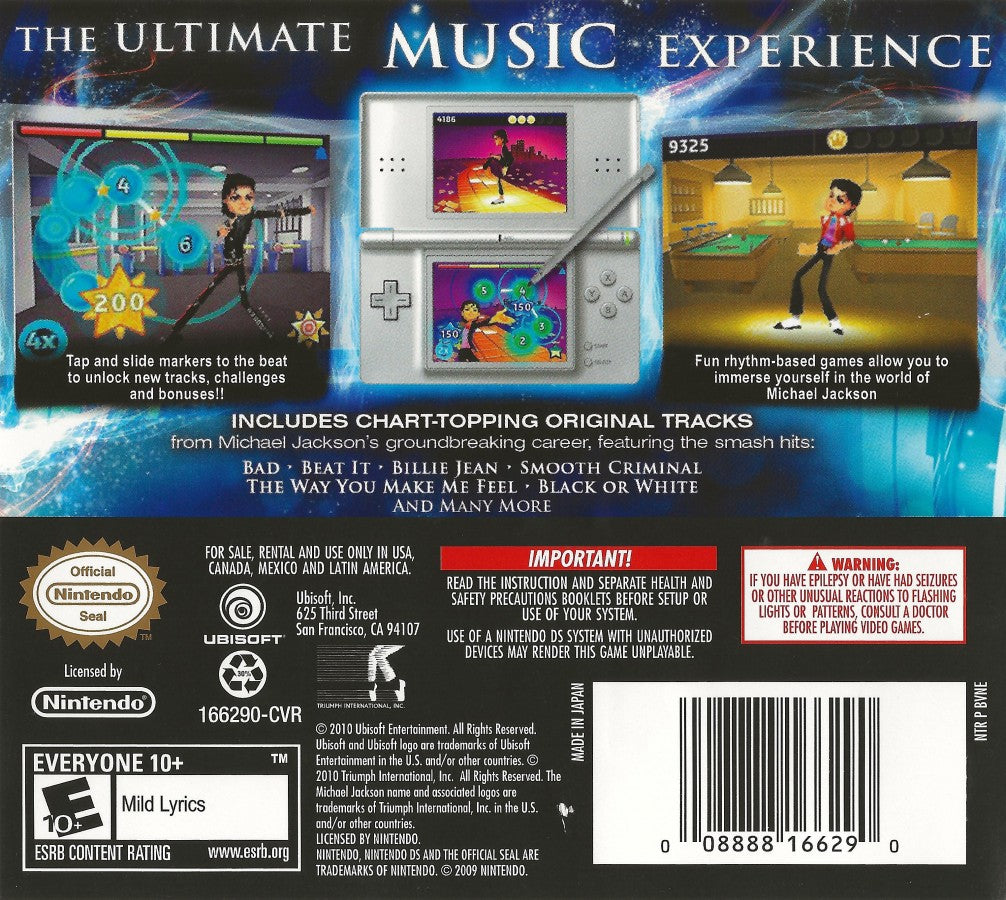 Michael Jackson The Experience for Nintendo DS (DS), back of case for a retro video game featuring rhythm-based gameplay, music performance challenges, dance mechanics, iconic song tracks, and interactive pop music action