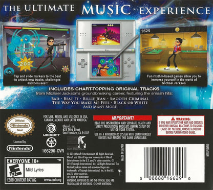 Michael Jackson The Experience for Nintendo DS (DS), back of case for a retro video game featuring rhythm-based gameplay, music performance challenges, dance mechanics, iconic song tracks, and interactive pop music action