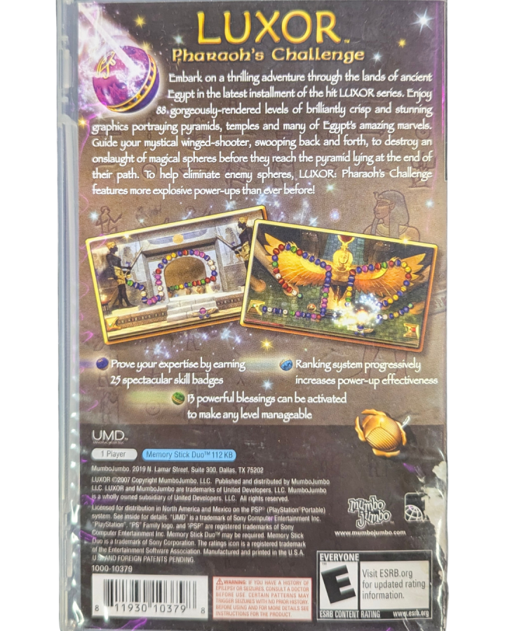 Luxor Pharaohs Challenge PSP match-three puzzle adventure game set in ancient Egypt with marquee shooting mechanics and pharaohs treasure back cover
