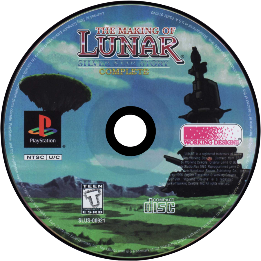 Lunar: Silver Star Story Complete for PlayStation 1 4 disc JRPG set including game discs making of disc and soundtrack featuring anime cutscenes turn based combat fantasy adventure story disc 4